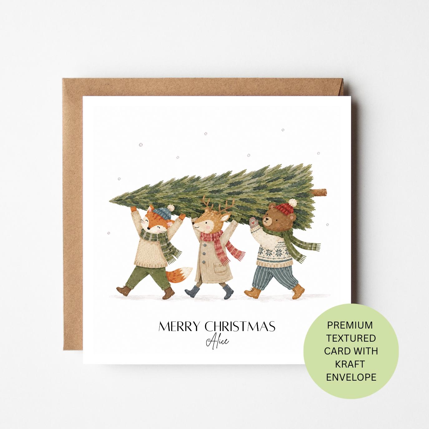 Personalised Woodland Animals Christmas Card, Watercolour Textured, Custom Family Xmas