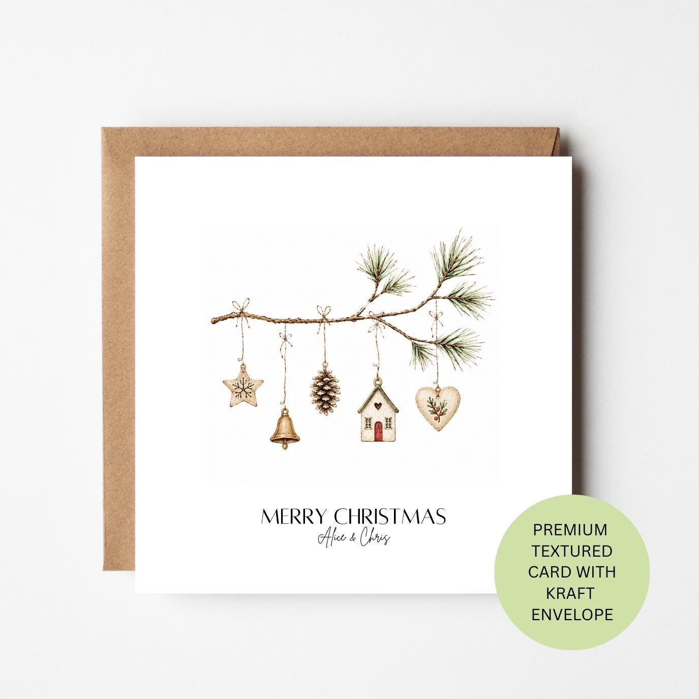 Personalised Watercolour Christmas Card, Rustic Ornaments, Custom Family Xmas Greeting