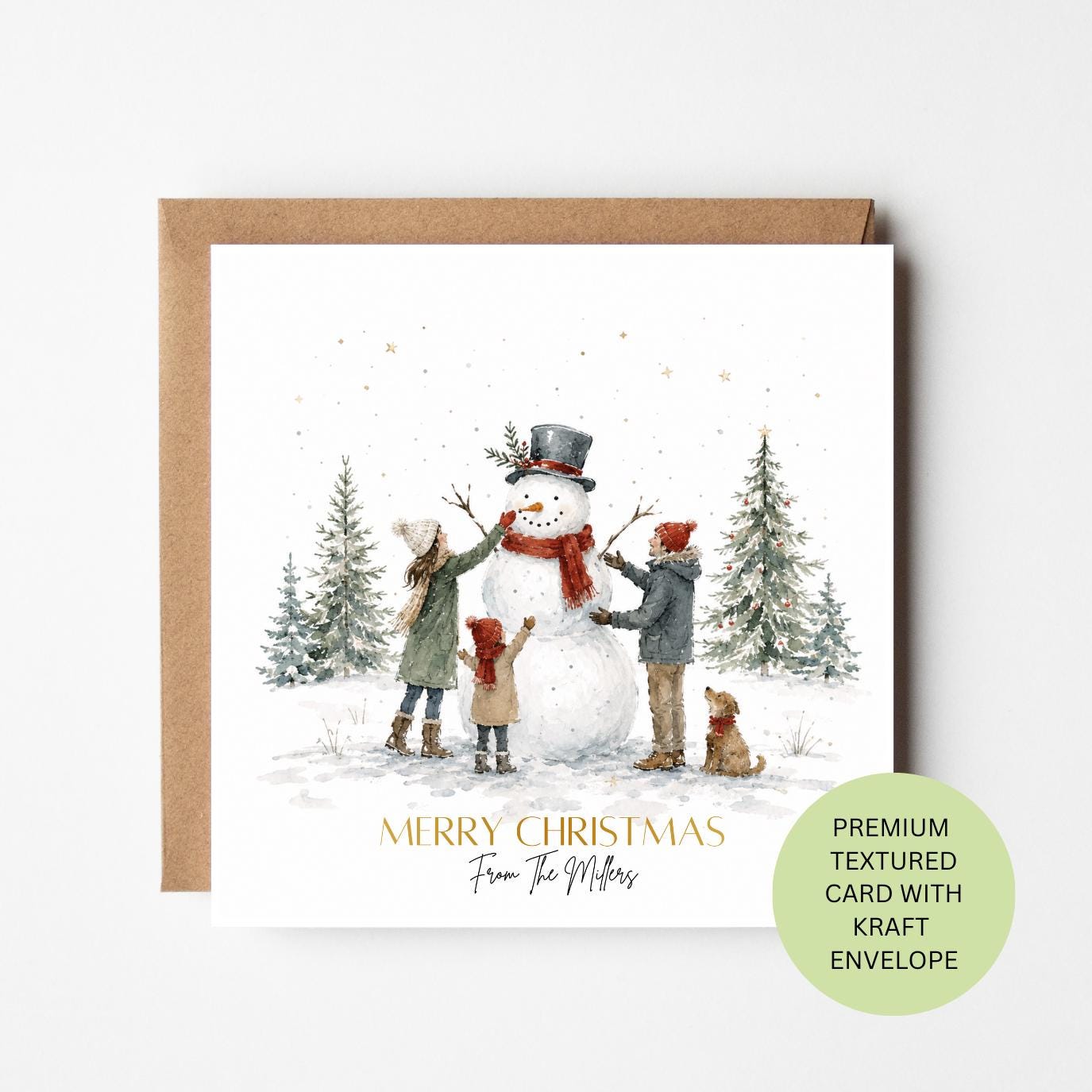 Personalised Family Snowman Christmas Card, Watercolour Textured Greeting, Dog Lover Xmas Card