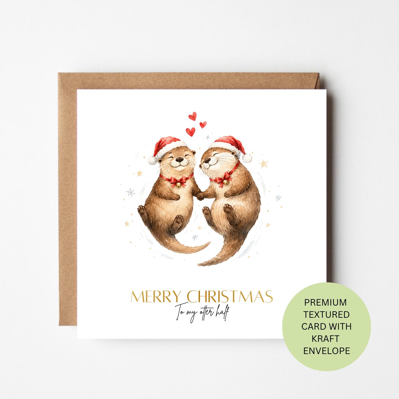 Personalised Otter Couple Christmas Card, Watercolour Illustration, Textured Card