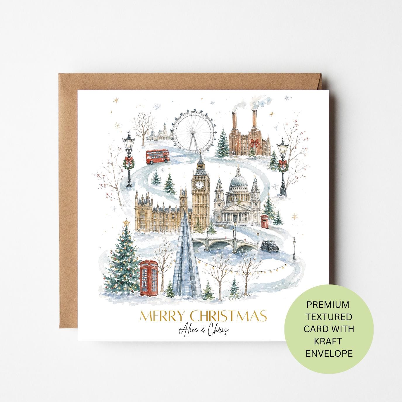 Personalised London Landmark Christmas Card, Watercolour Textured Greeting, Custom Family Xmas