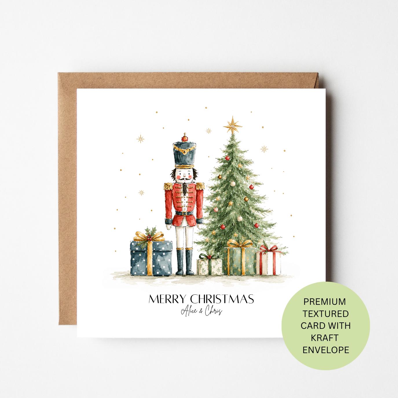 Personalised Nutcracker Christmas Card, Watercolour Textured Xmas Greeting (150x150mm)