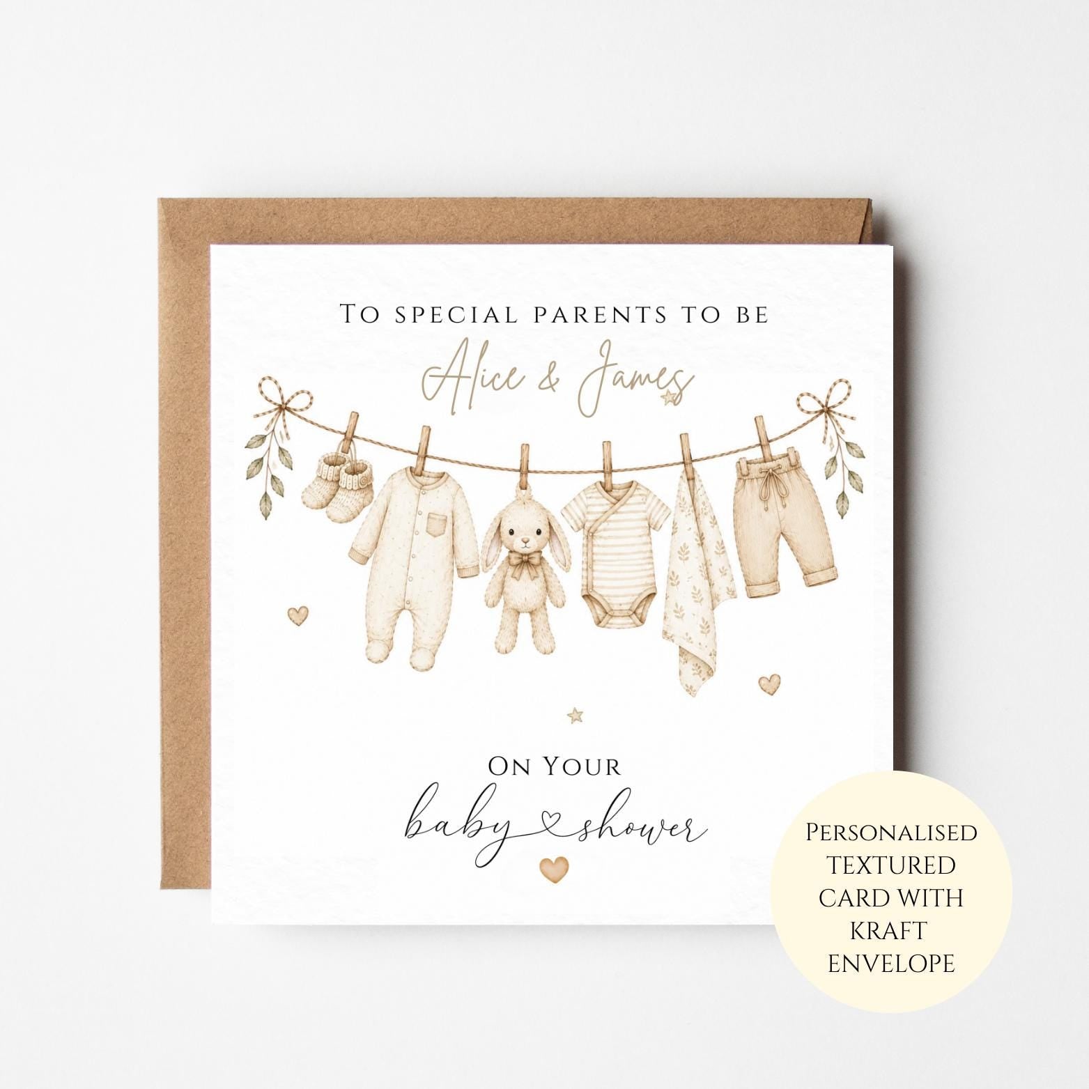 Personalised Baby Shower Card, Neutral Clothes Line Design, Parents To Be Congratulations