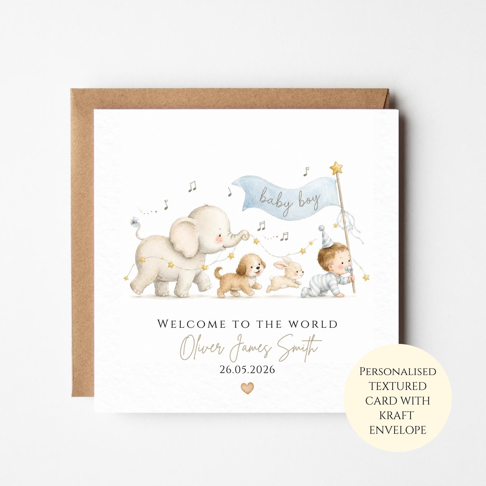 Personalised Baby Boy Card, Welcome To The World, New Baby Congratulations, Elephant Puppy Parade Newborn Keepsake