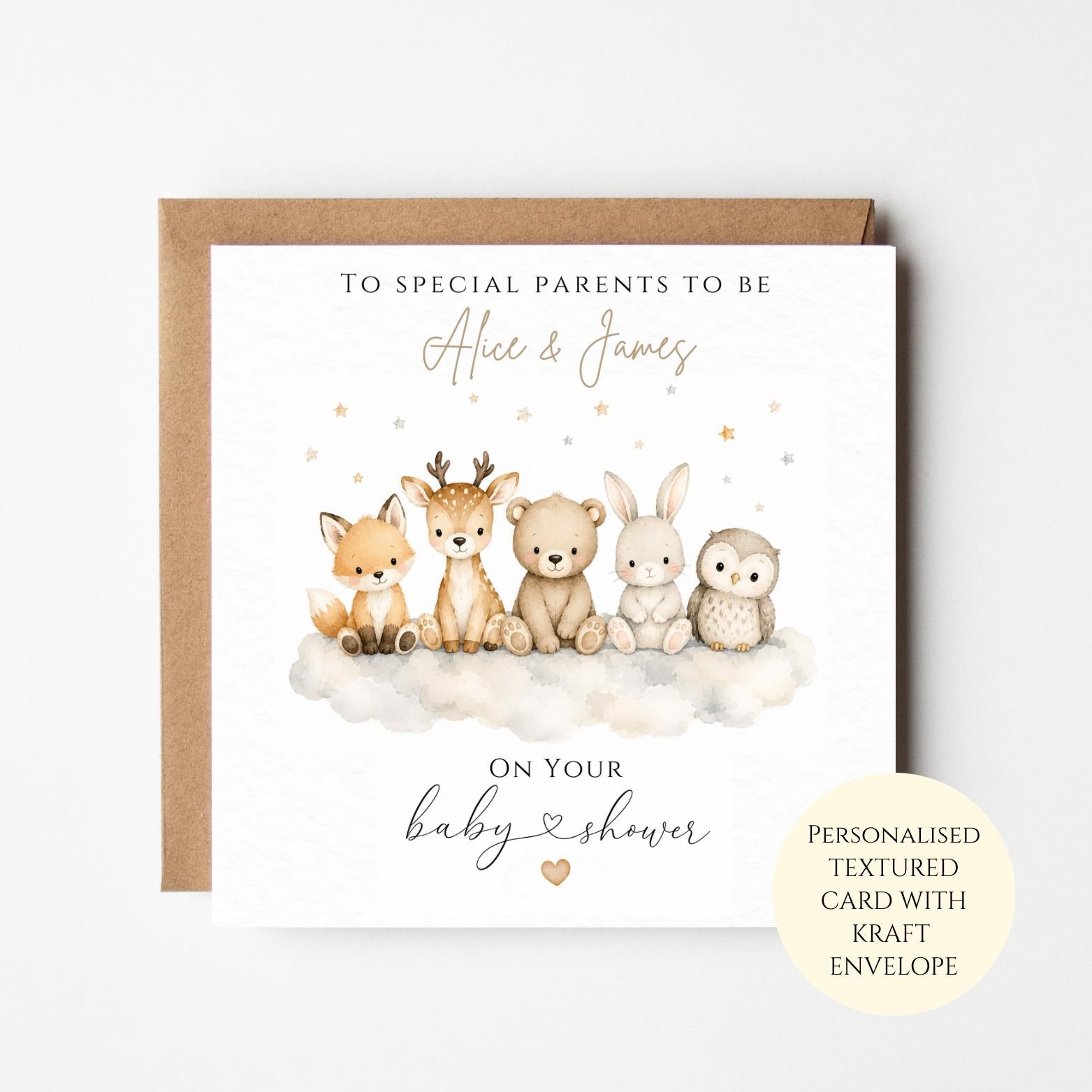 Woodland Baby Shower Card, Fox Deer Bunny Owl Animals, Neutral Congratulations Gift