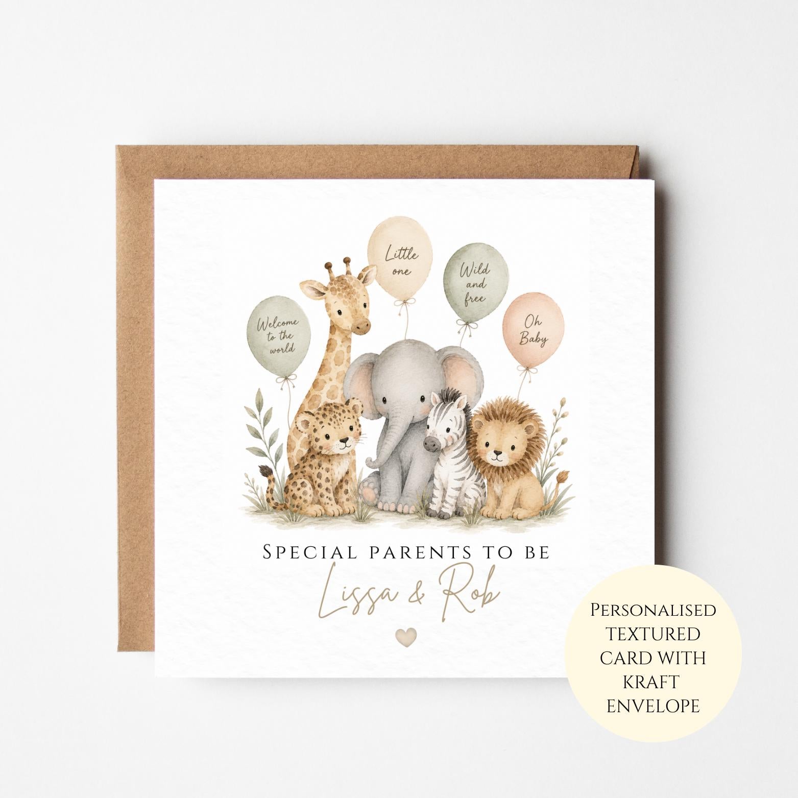 Safari Baby Shower Card, Personalised Congratulations, Neutral Animal New Baby Gift