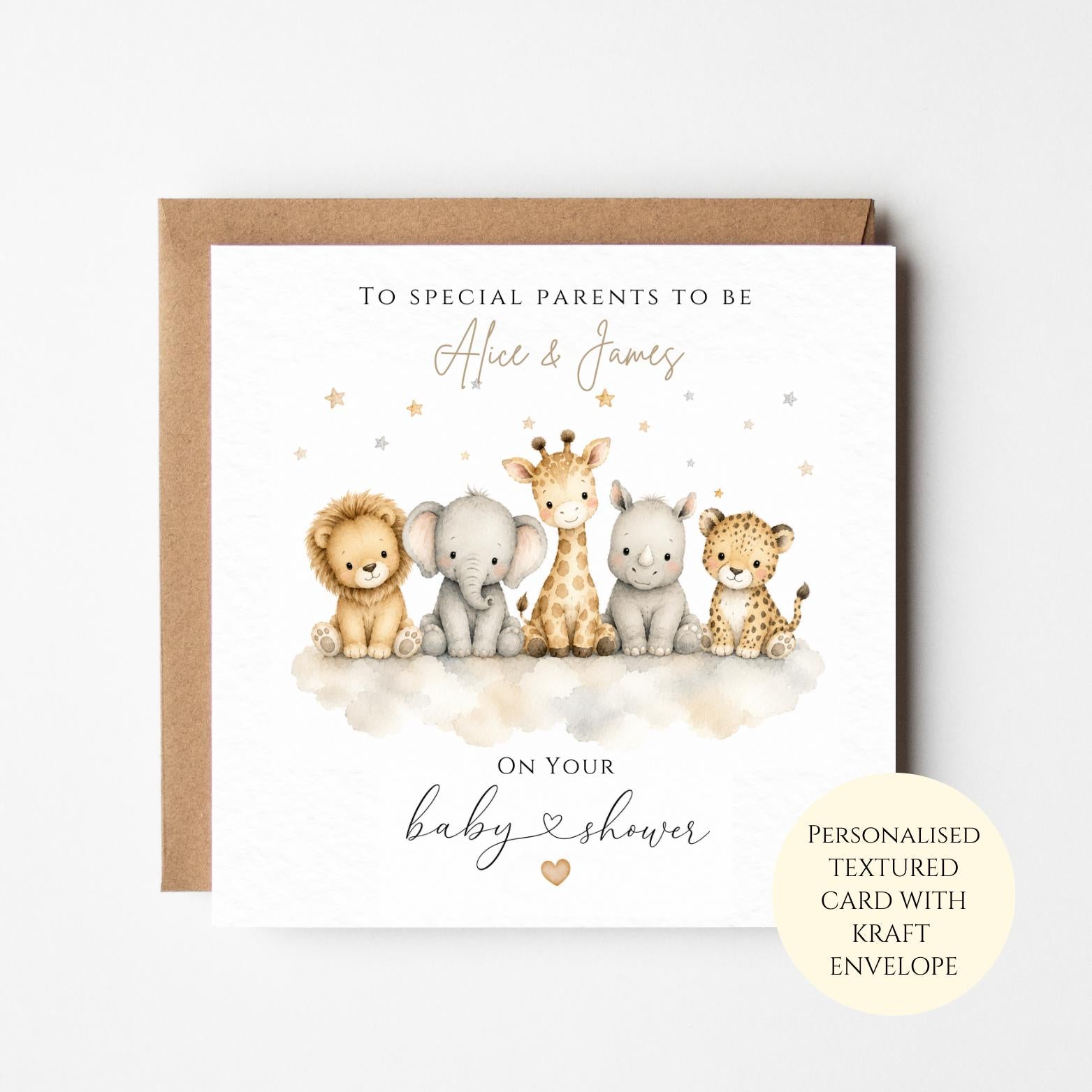Personalised Jungle Baby Shower Card, Safari Animals, Parents To Be Congratulations