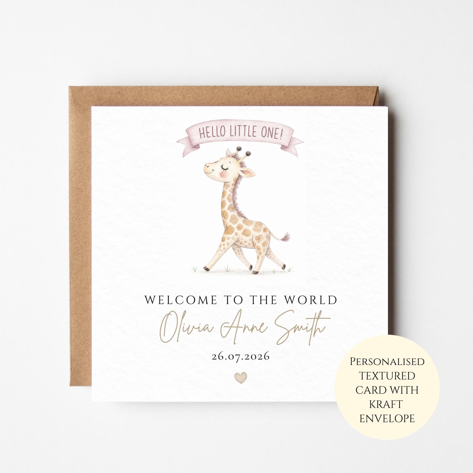Personalised Giraffe Baby Girl Card, Welcome To The World Congratulations