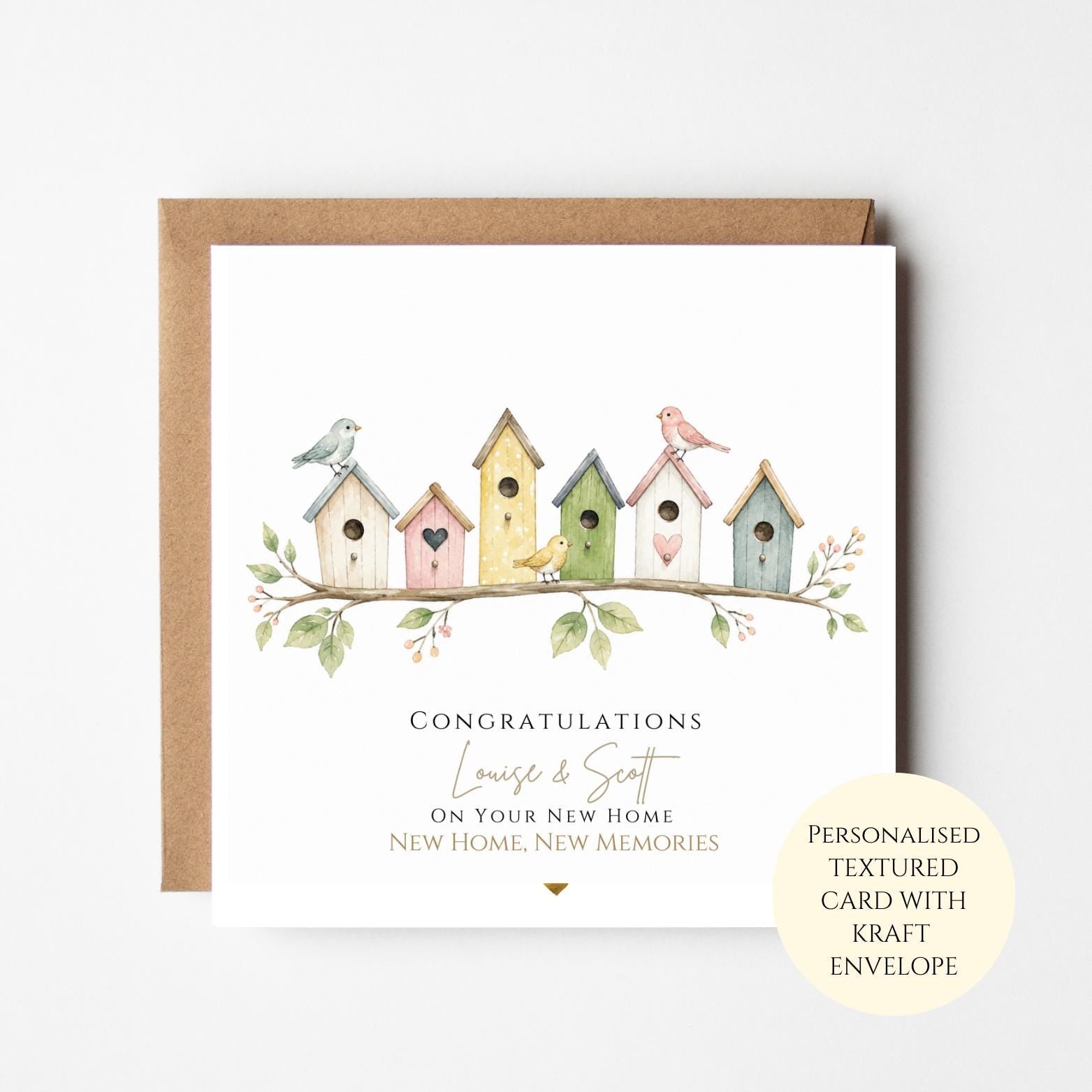 Personalised New Home Card with Birdhouses, Housewarming Card, Congratulations New House, Colourful First Home Gift