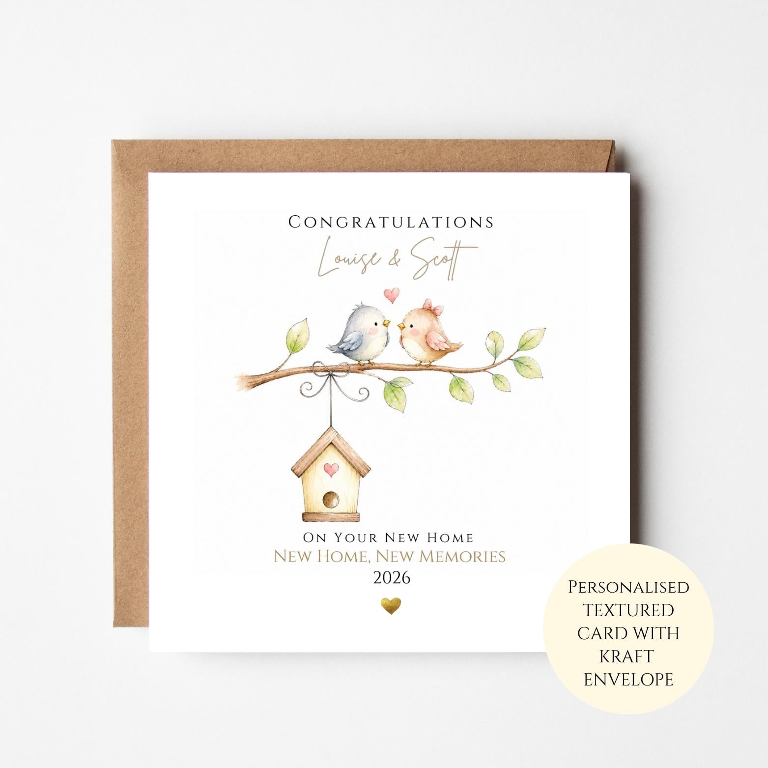 Personalised New Home Card with Love Birds, Birdhouse Housewarming Card, Congratulations New House for Couple