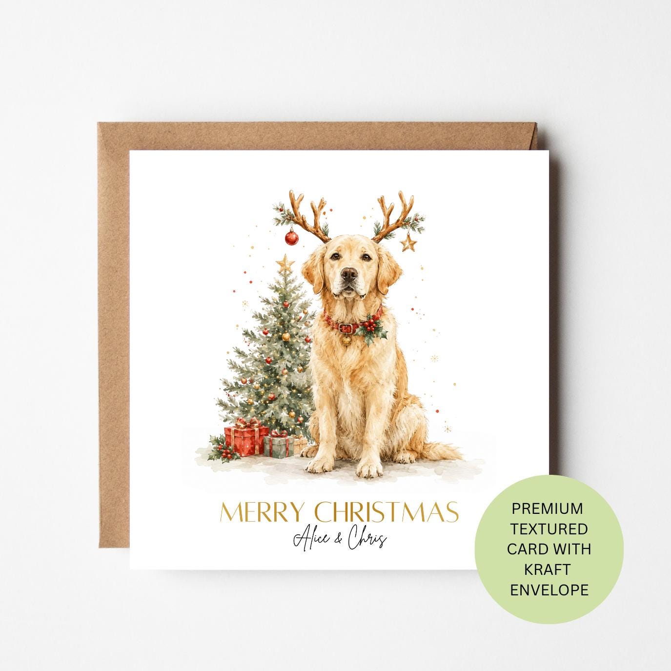 Personalised Golden Retriever Christmas Card, Watercolour Dog with Antlers, Textured Card