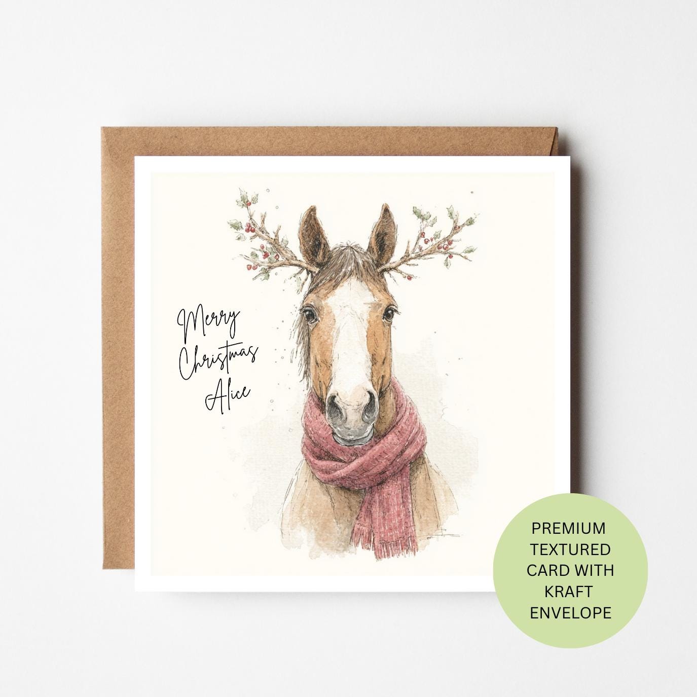 Personalised Horse Christmas Card, Watercolour Equestrian Portrait, Winter Scarf, Textured Card
