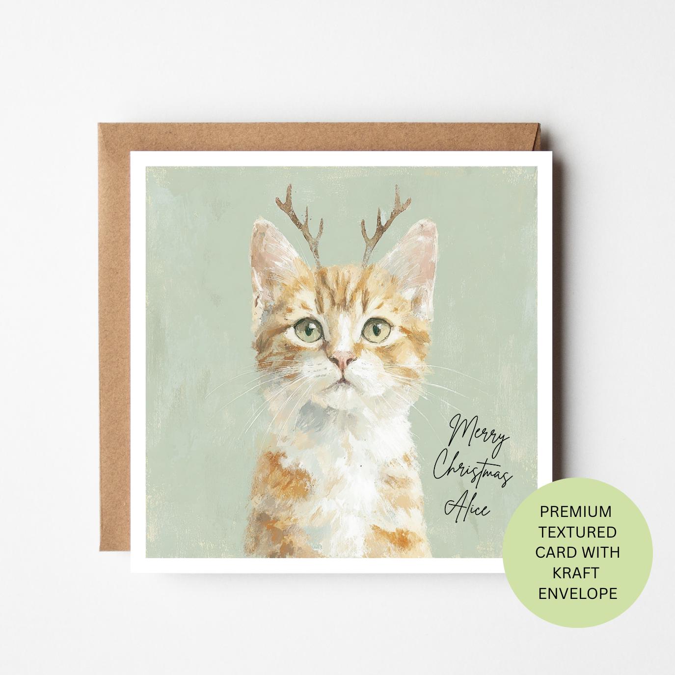 Personalised Cat Christmas Card, Reindeer Kitten Watercolour Card