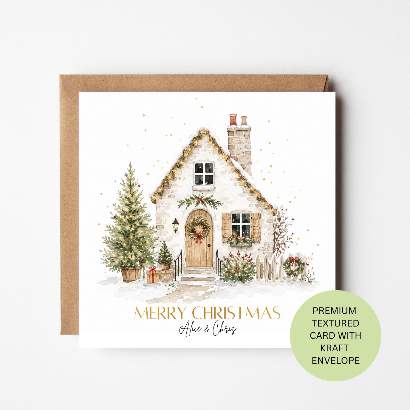 Personalised Watercolour Cottage Christmas Card, Snowy Country Home Festive Keepsake