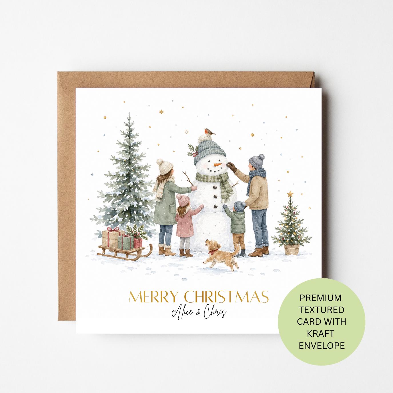 Personalised Family Snowman Christmas Card, Watercolour Winter Scene, Textured Kraft Envelope