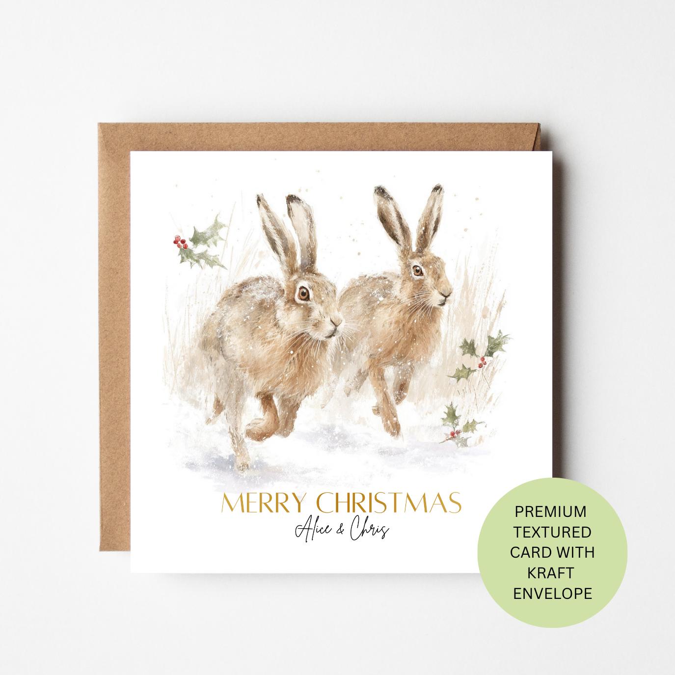 Personalised Hare Christmas Card, Two Hares Snowy Watercolour Card