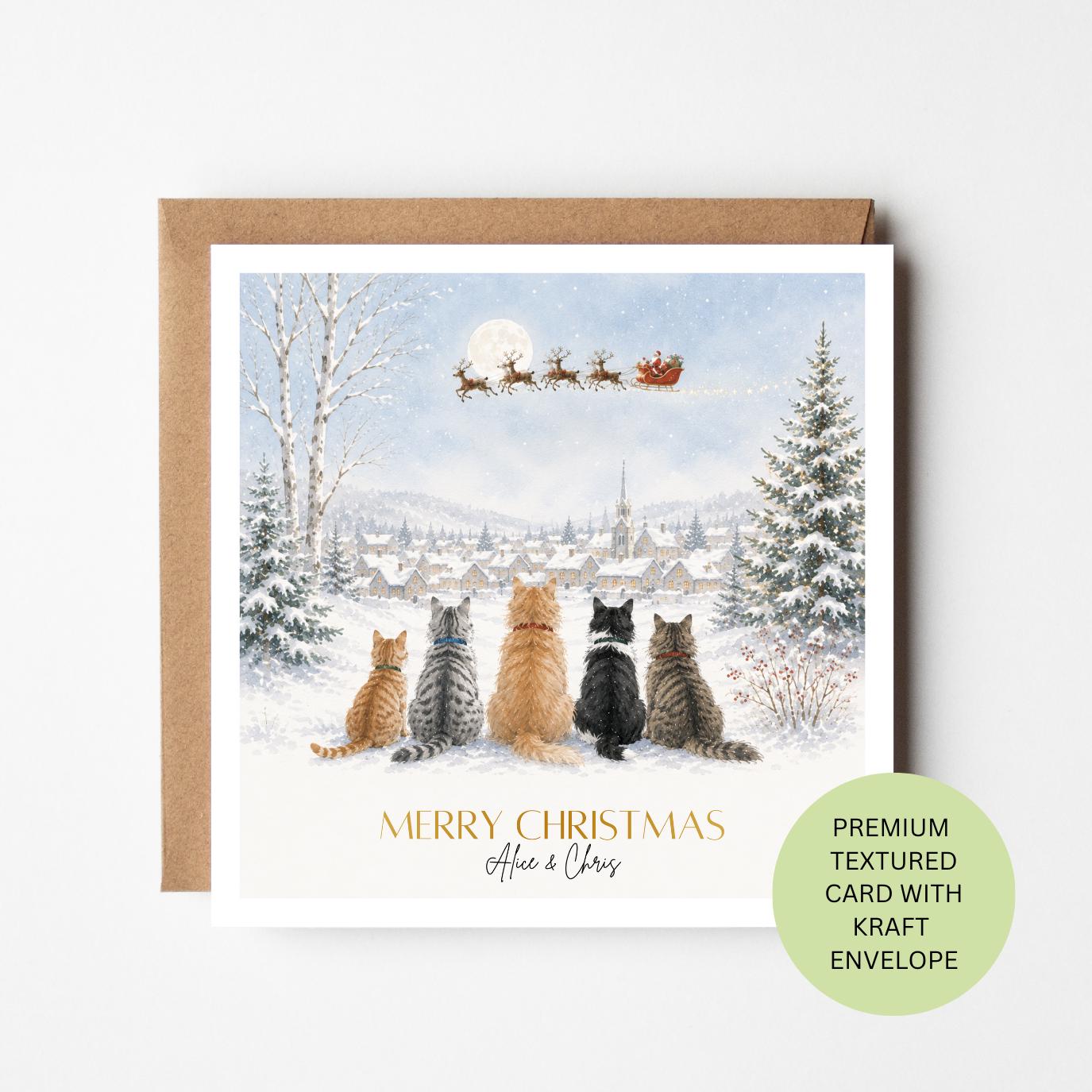 Personalised Watercolour Five Cats Christmas Card, Textured Winter Scene (Personalised)