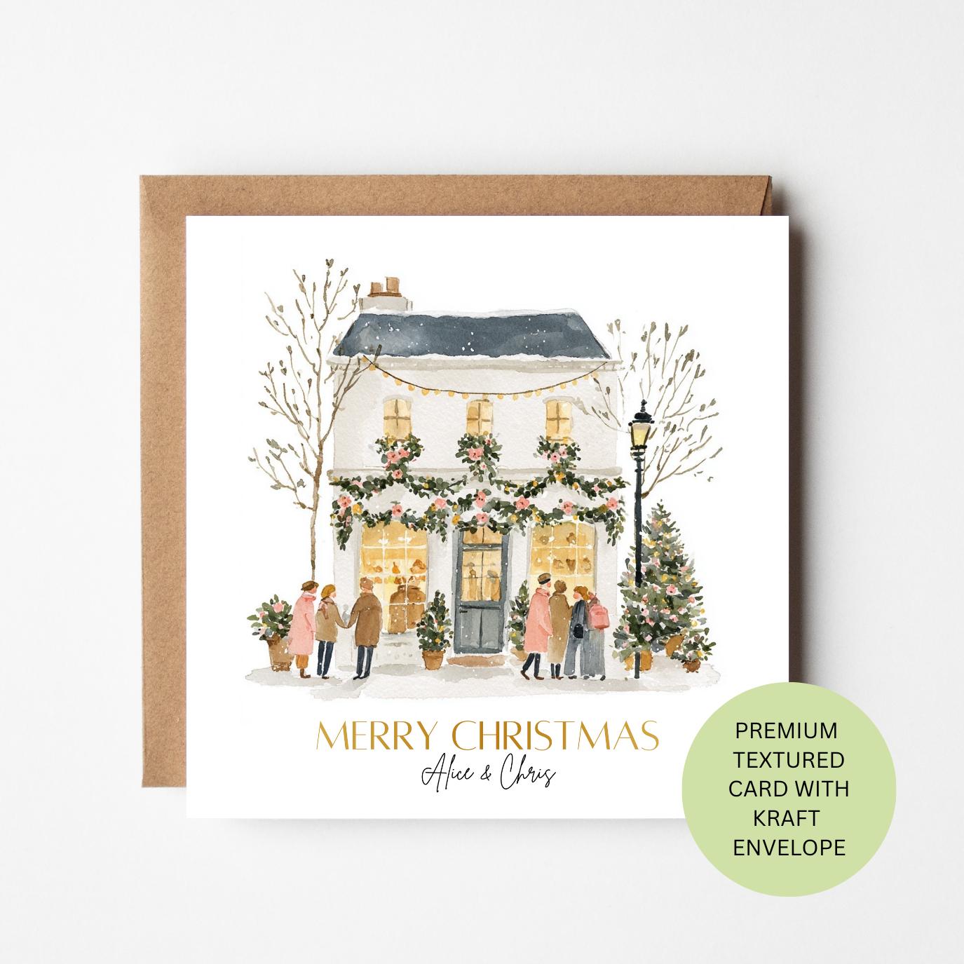 Personalised Christmas Shop Card, Snowy Festive Shopfront Watercolour Card