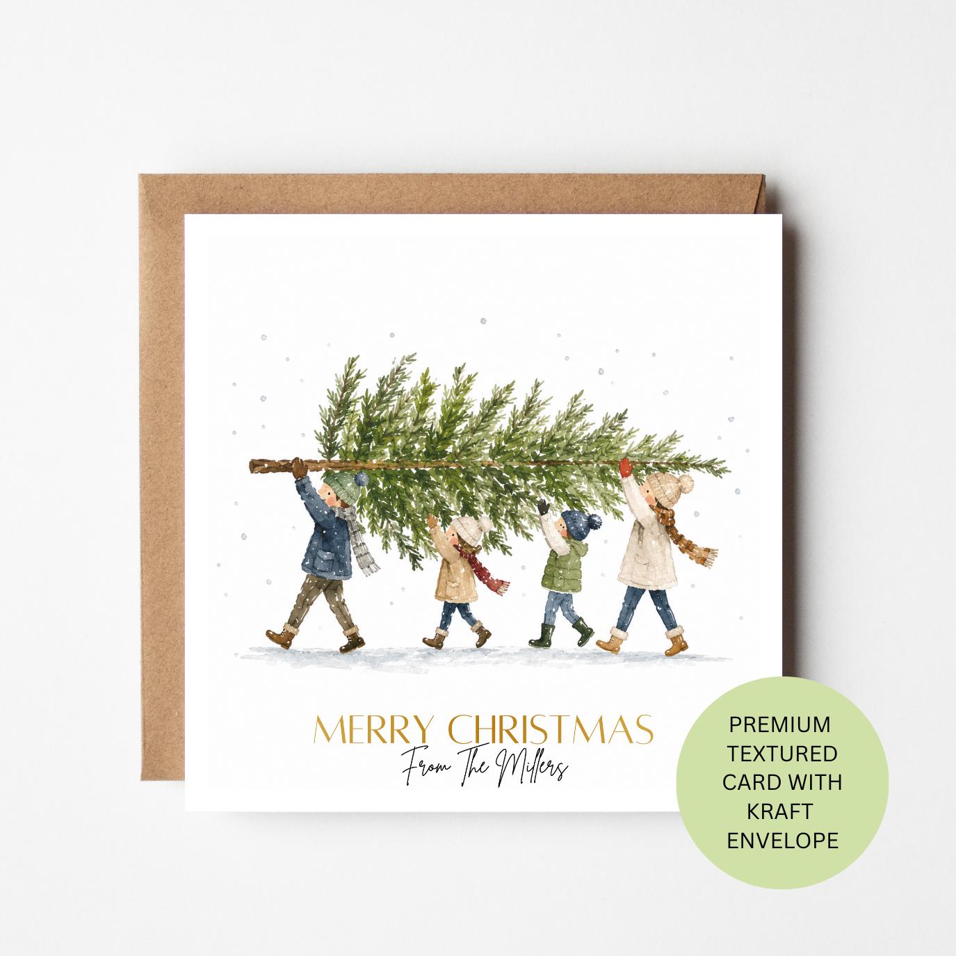 Personalised Watercolour Family Christmas Card, Textured Keepsake with Kraft Envelope