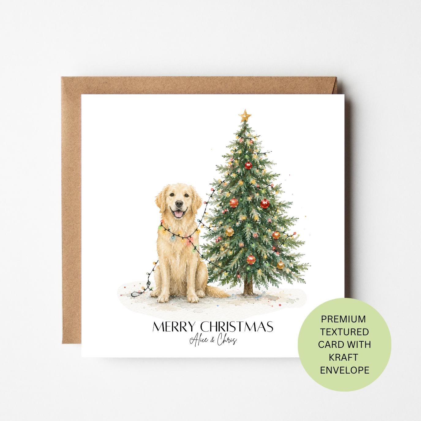 Personalised Golden Retriever Christmas Card, Festive Dog and Tree Watercolour Card