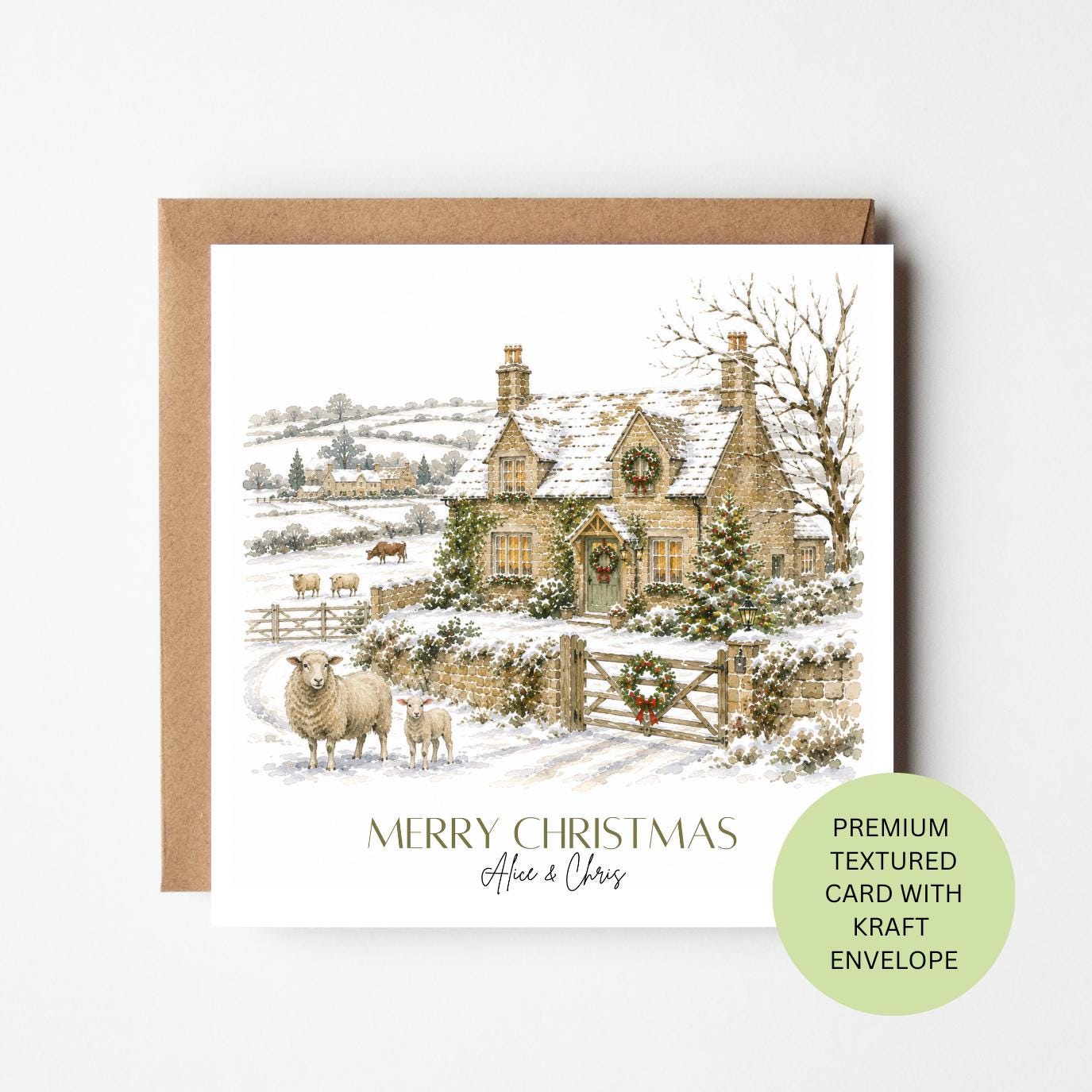 Personalised Farmhouse Christmas Card, Sheep and Snow Watercolour, Elegant Textured Country Card
