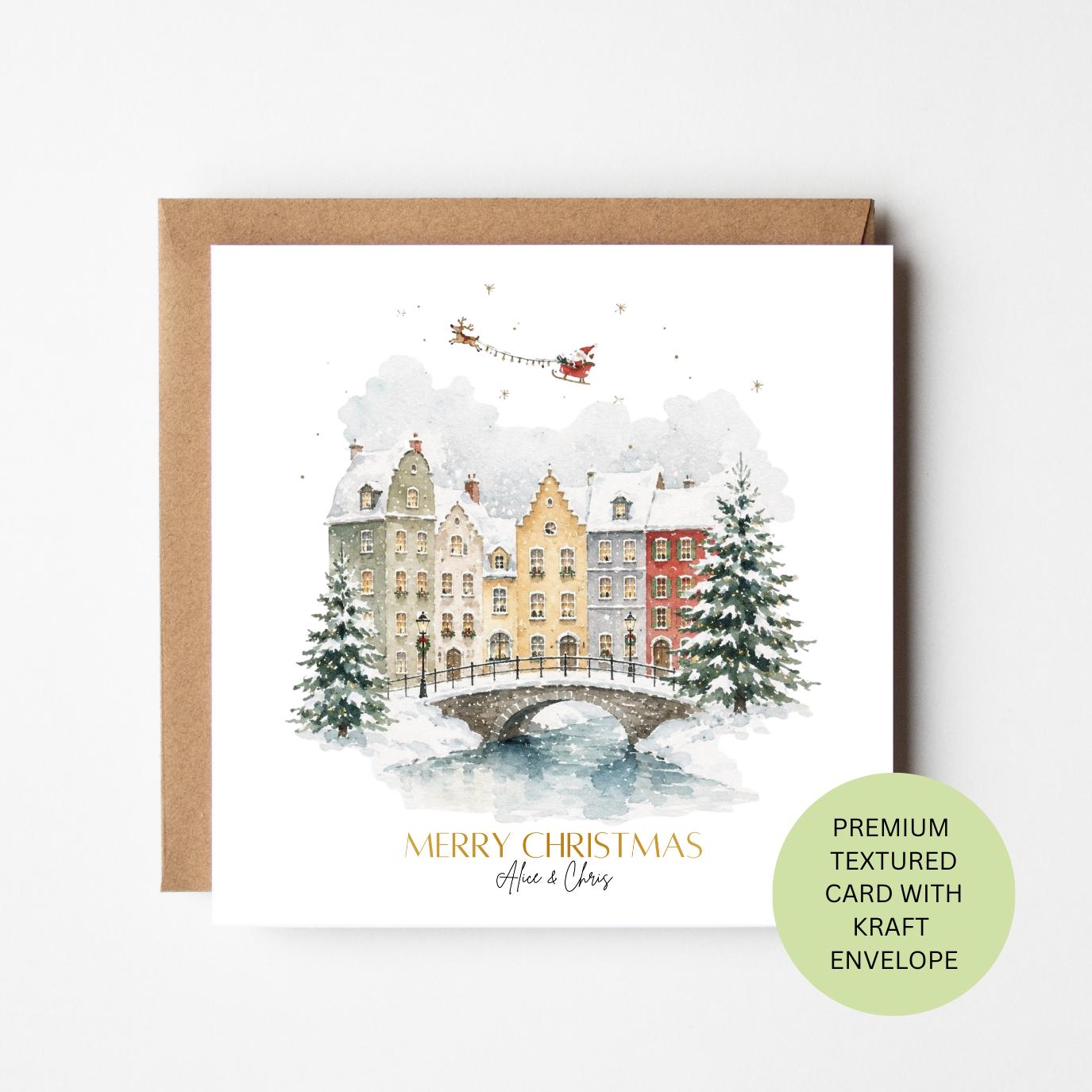 Personalised Snowy Canal Houses Christmas Card, Watercolour Winter City Scene