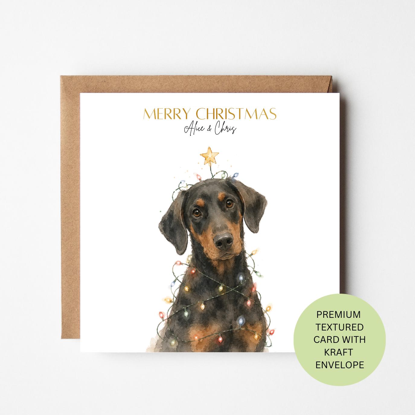 Personalised Doberman Christmas Card, Fairy Lights Dog Watercolour Card