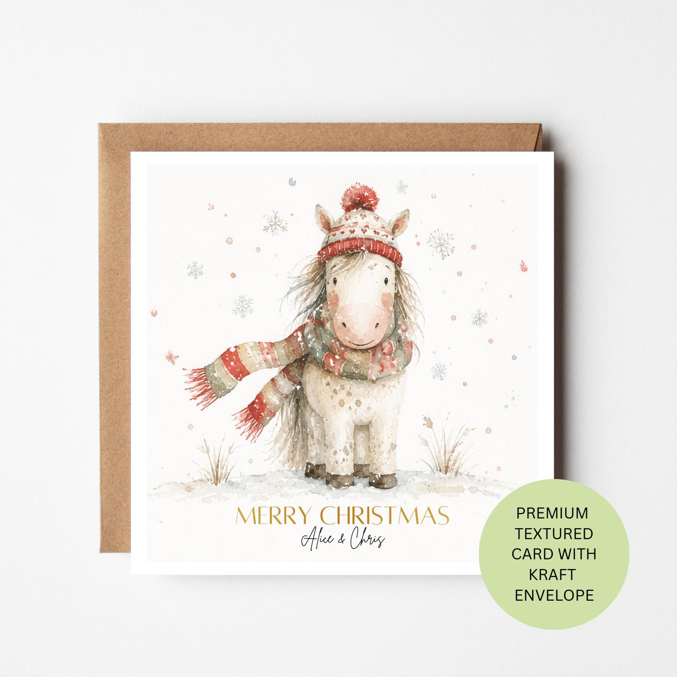 Personalised Watercolour Pony Christmas Card, Festive Horse Lover Greeting, Textured Card (Kraft Envelope)