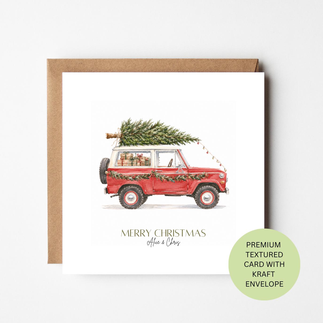 Personalised 4x4 Christmas Card, Red Vintage Car Watercolour, Elegant Textured Festive Vehicle Card