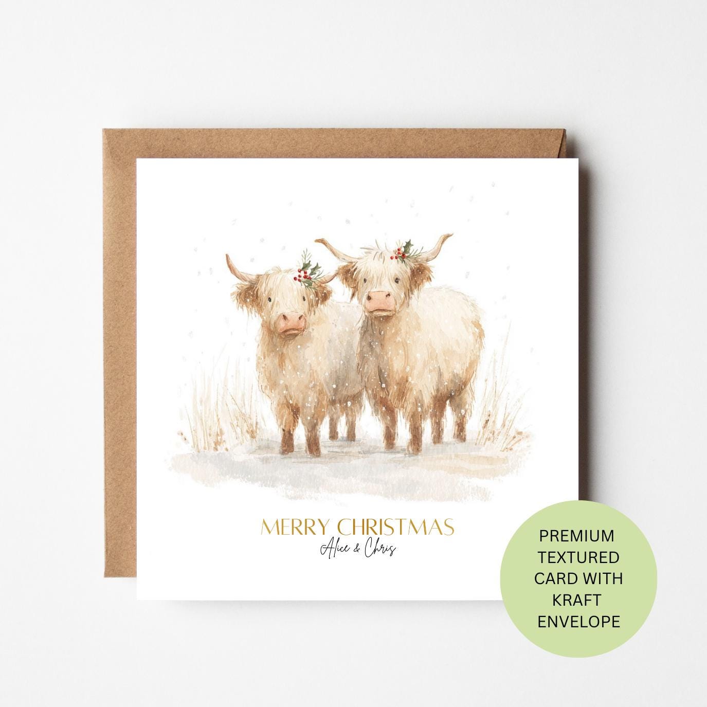 Personalised Highland Cow Christmas Card, Two Cows Watercolour Card
