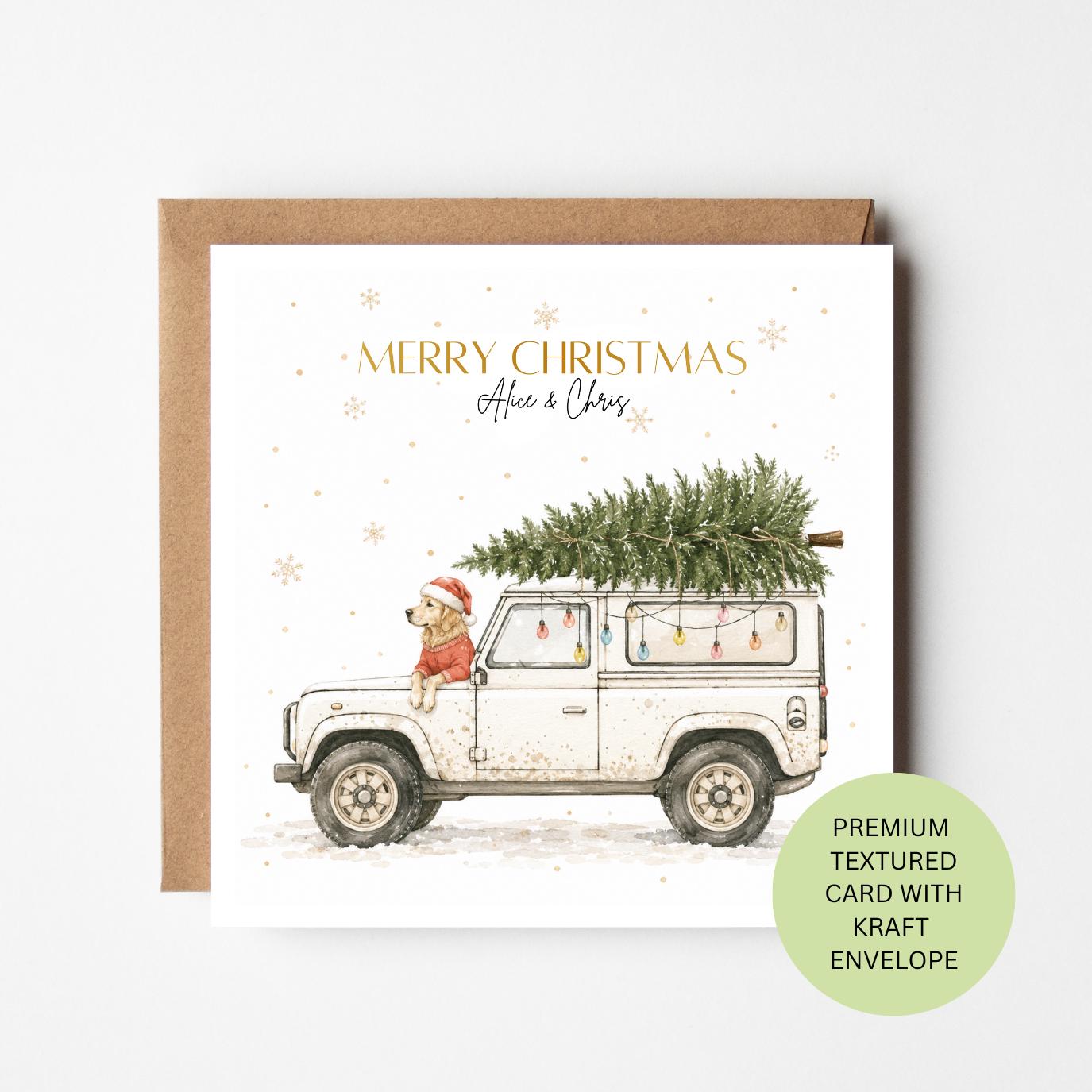 Personalised Land Rover Christmas Card, Dog and Tree Watercolour Card
