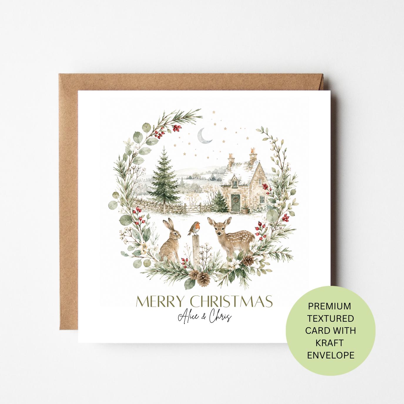 Personalised Woodland Christmas Card, Watercolour Cottage Wildlife Scene, Textured Kraft Envelope
