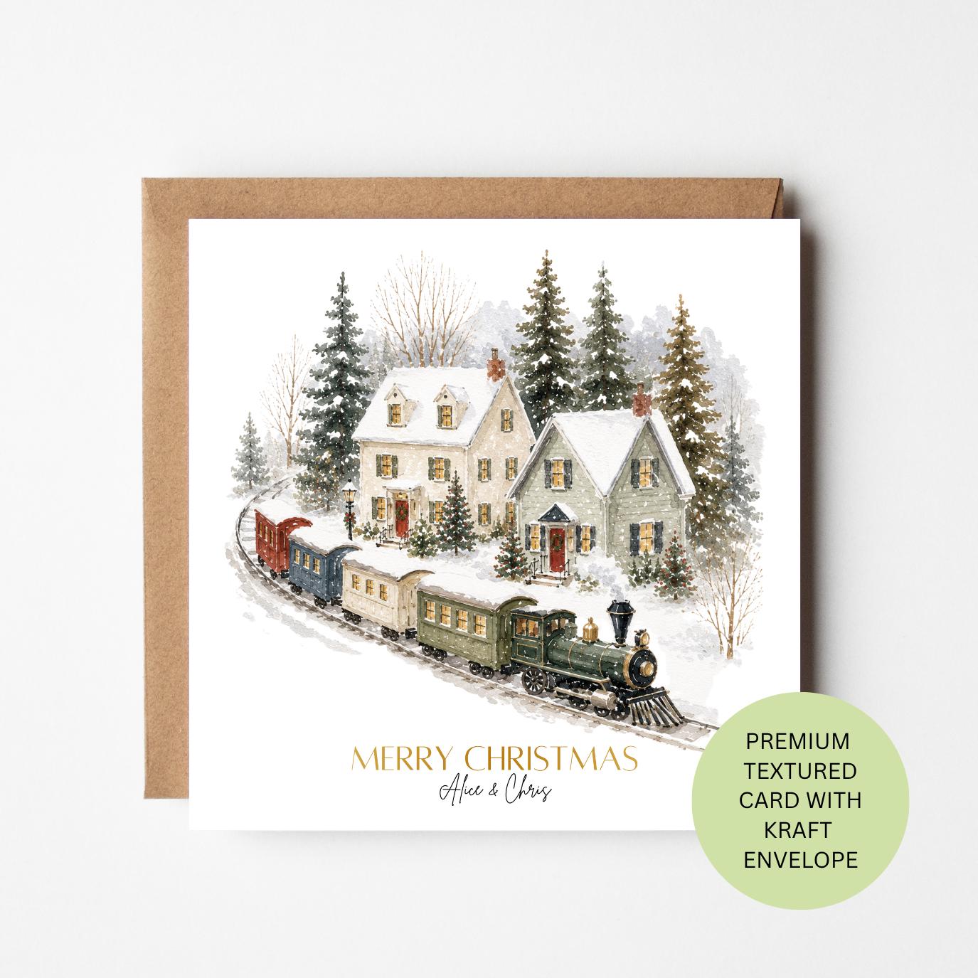 Personalised Christmas Train Card, Snowy Steam Railway Watercolour Greeting Card