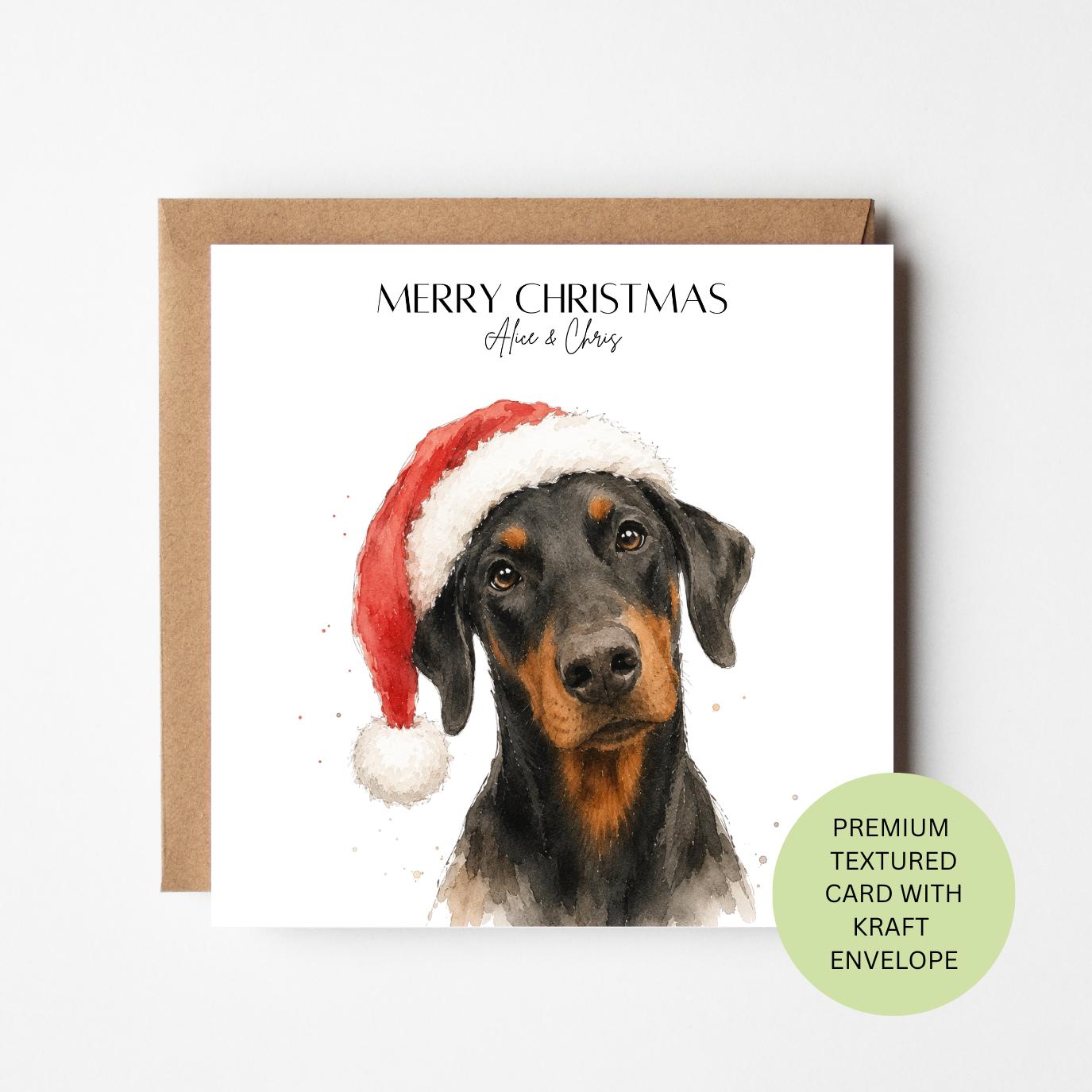 Personalised Doberman Christmas Card, Santa Hat Dog Watercolour Card