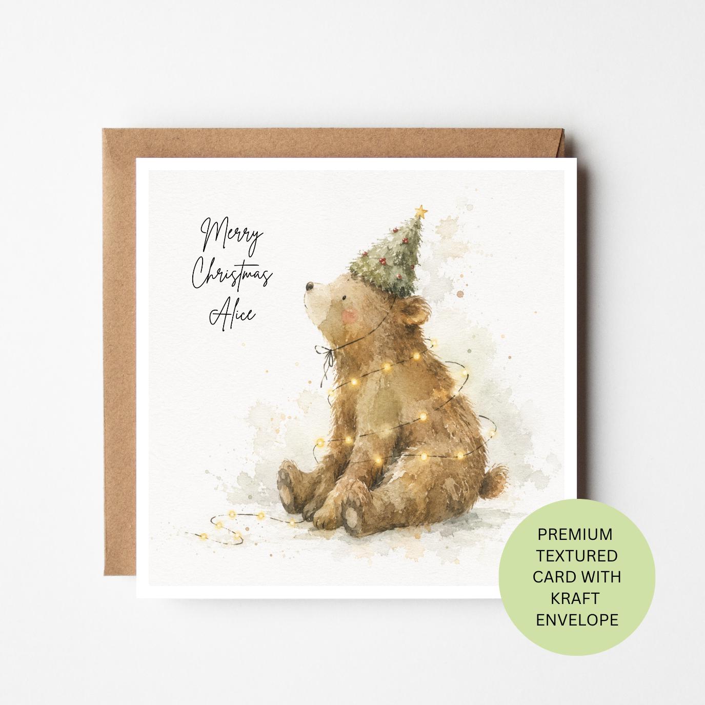 Personalised Bear Christmas Card, Woodland Fairy Lights Watercolour Card