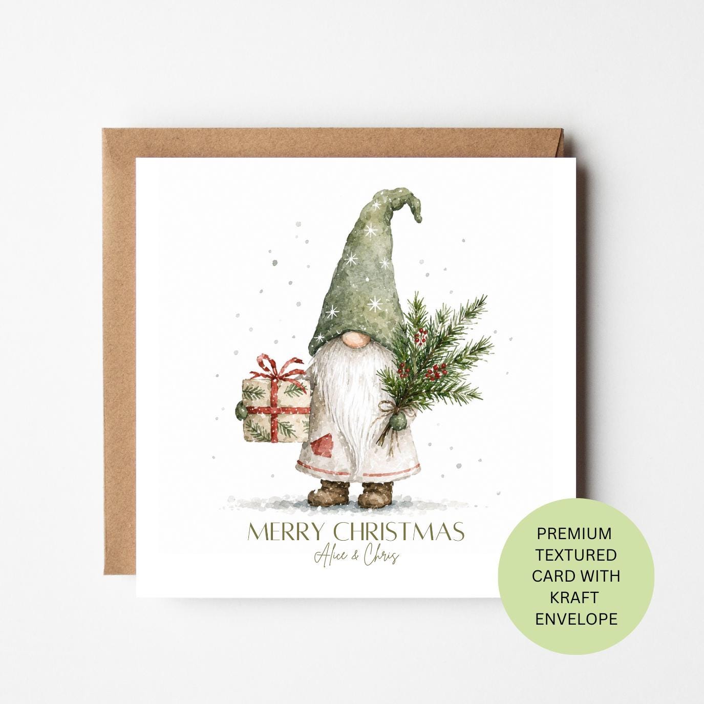 Personalised Christmas Gnome Card, Watercolour Present Design, Textured Festive Card