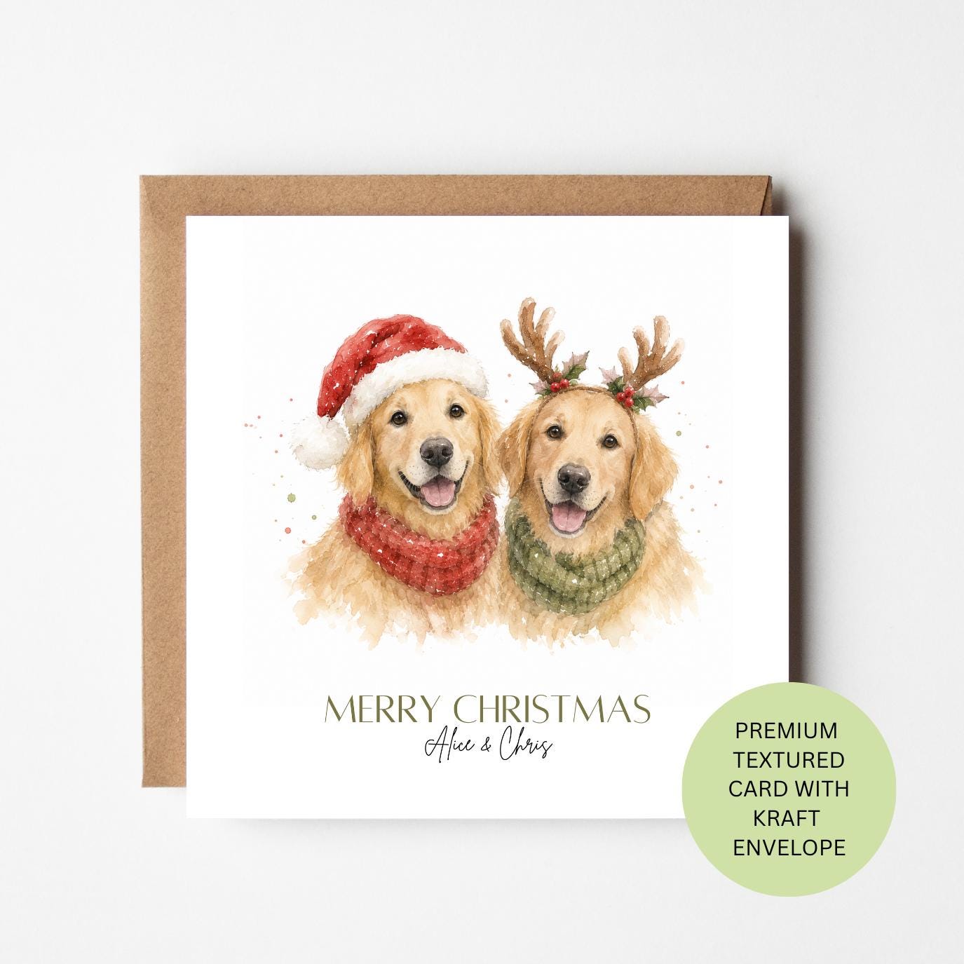Personalised Golden Retriever Couple Christmas Card, Watercolour Dogs, Textured Kraft Envelope