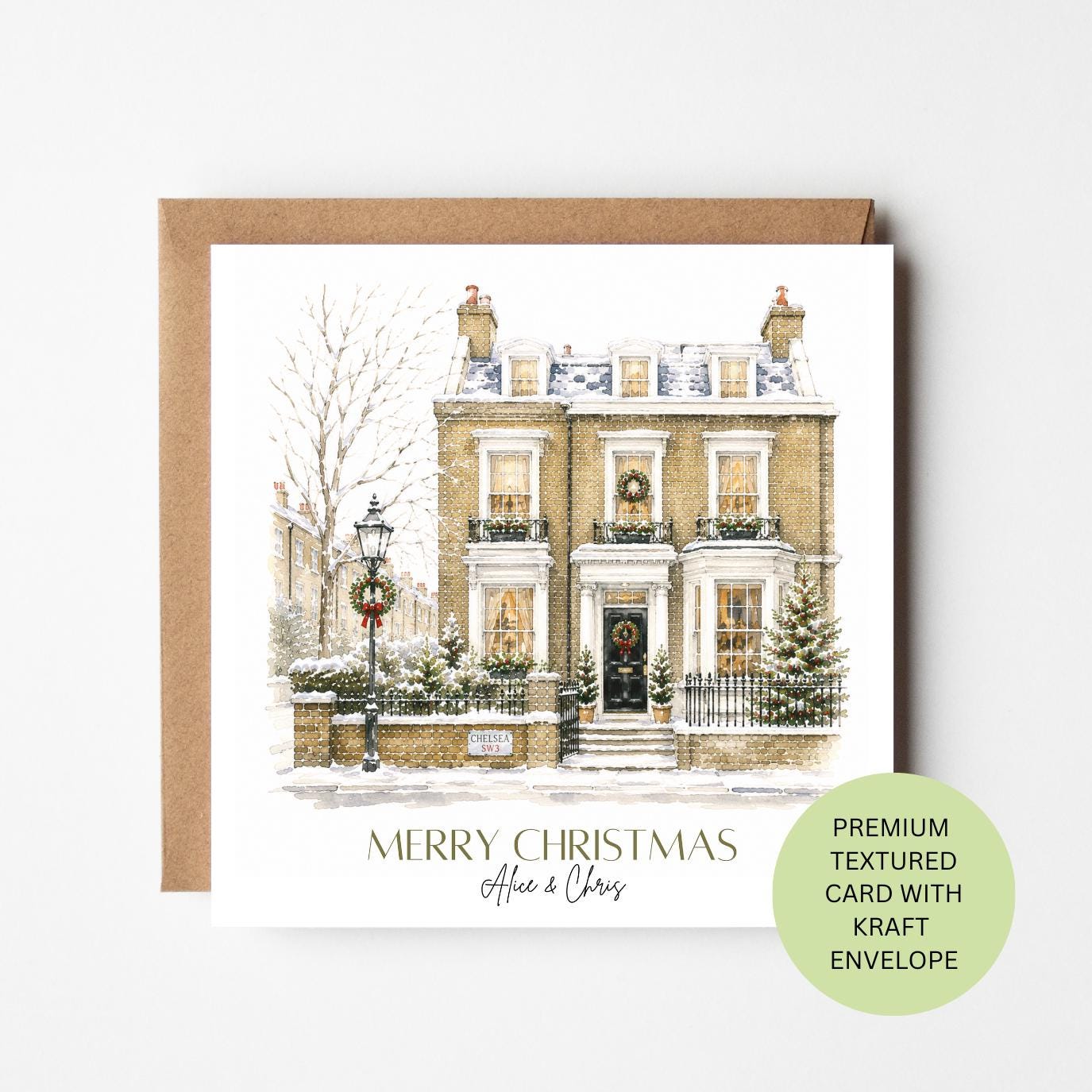 Personalised Chelsea Christmas Card, London Townhouse Watercolour, Textured Home Greeting