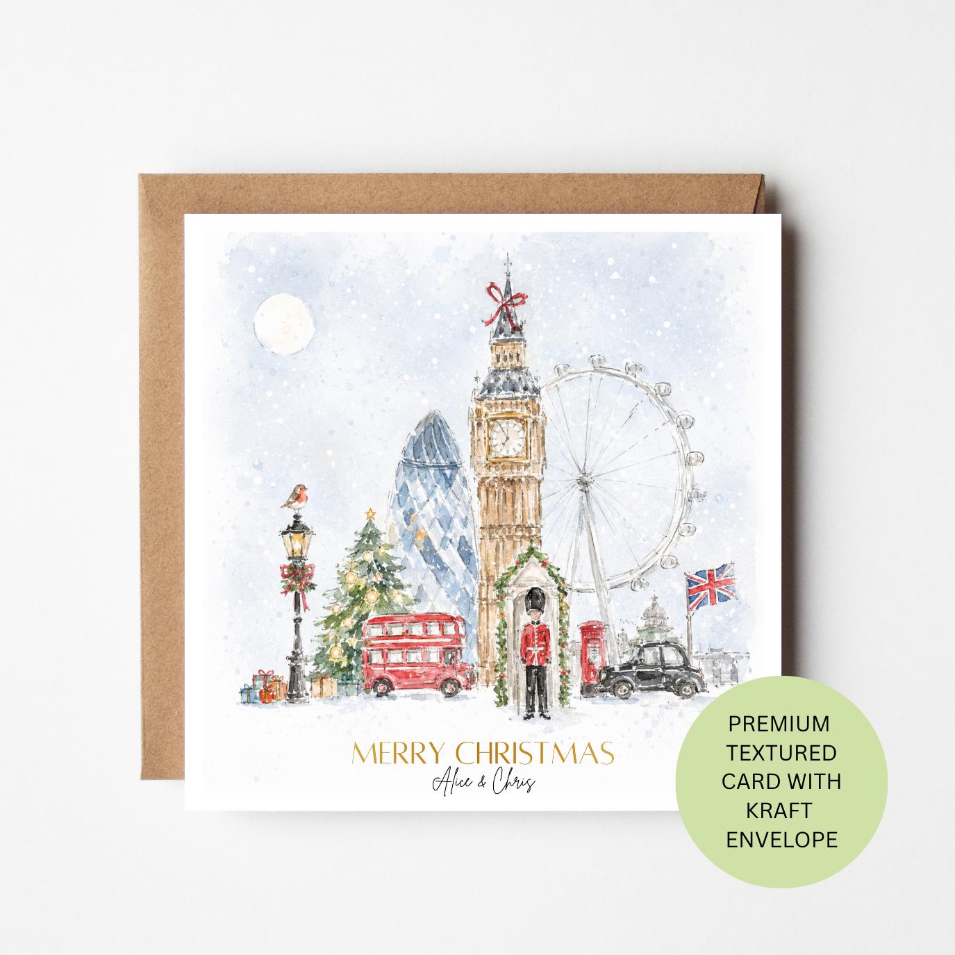Personalised London Christmas Card, Watercolour Icons, Textured Xmas Greeting (Kraft Envelope)