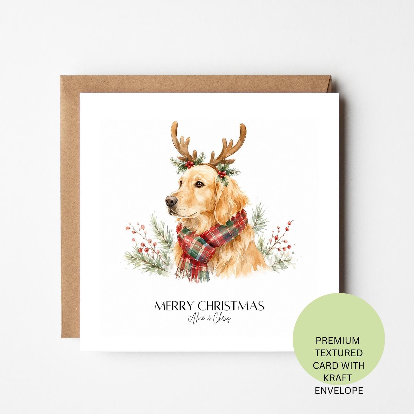 Personalised Golden Retriever Reindeer Christmas Card, Watercolour Dog Lover Xmas Greeting