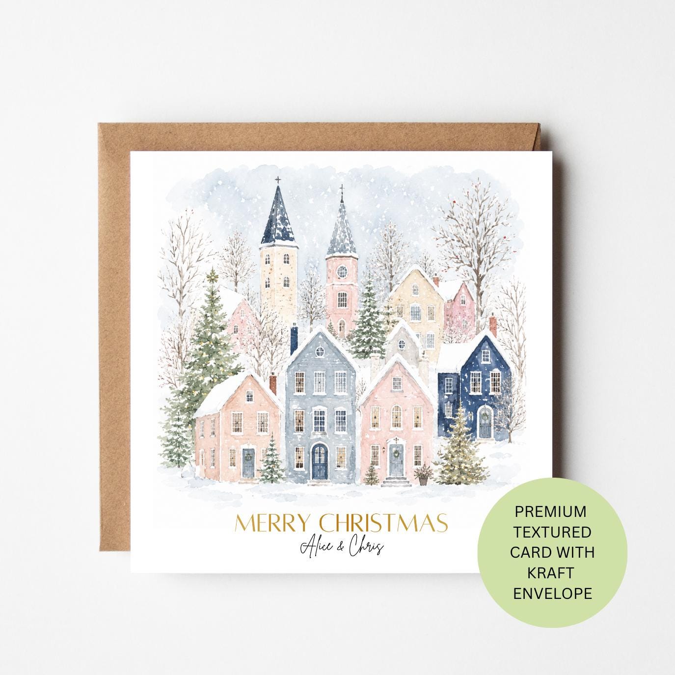 Personalised Watercolour Christmas Card, Snowy Pastel Village Scene, Custom Family Xmas Greeting