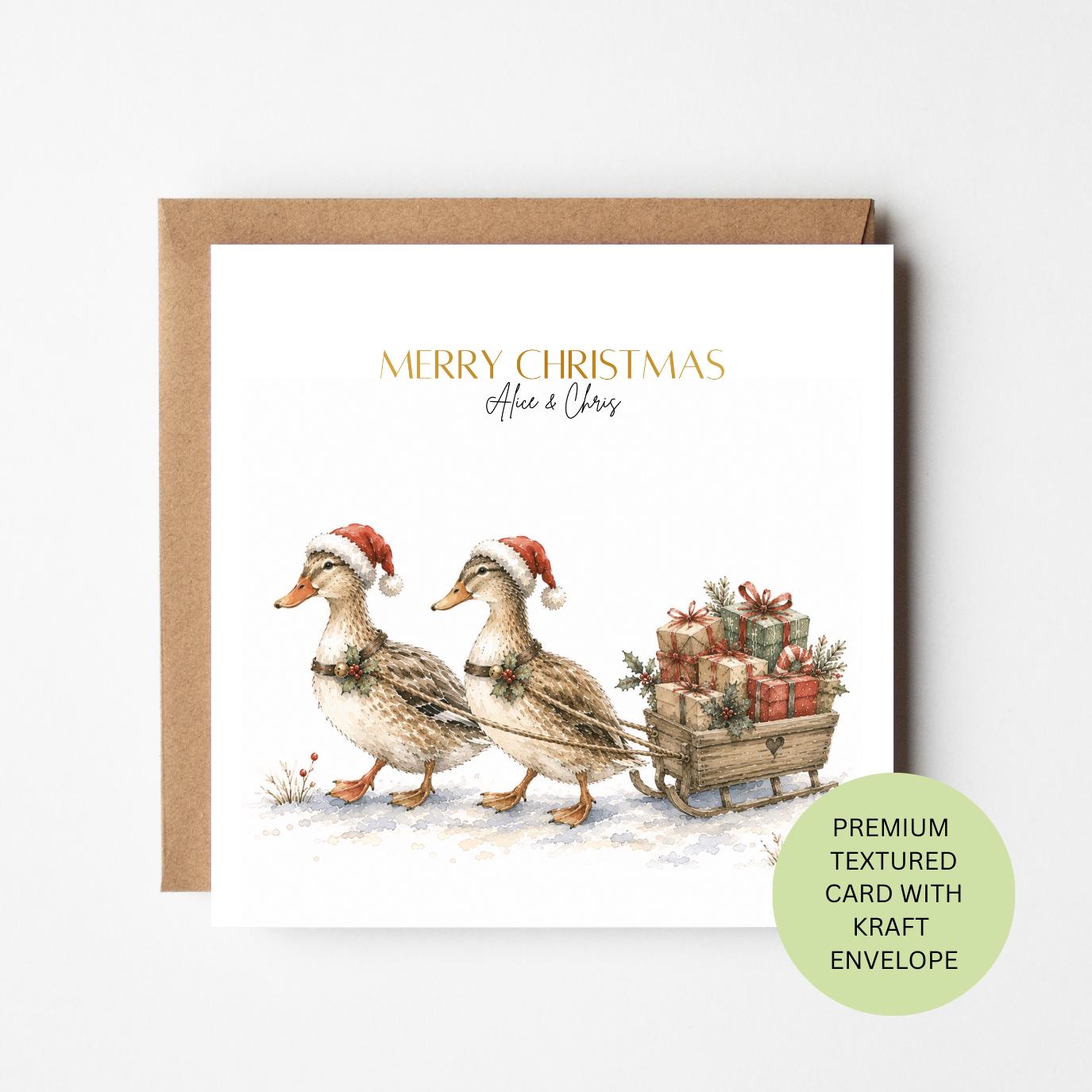 Personalised Christmas Card, Watercolour Ducks Pulling Presents, Textured Card (Kraft Envelope)