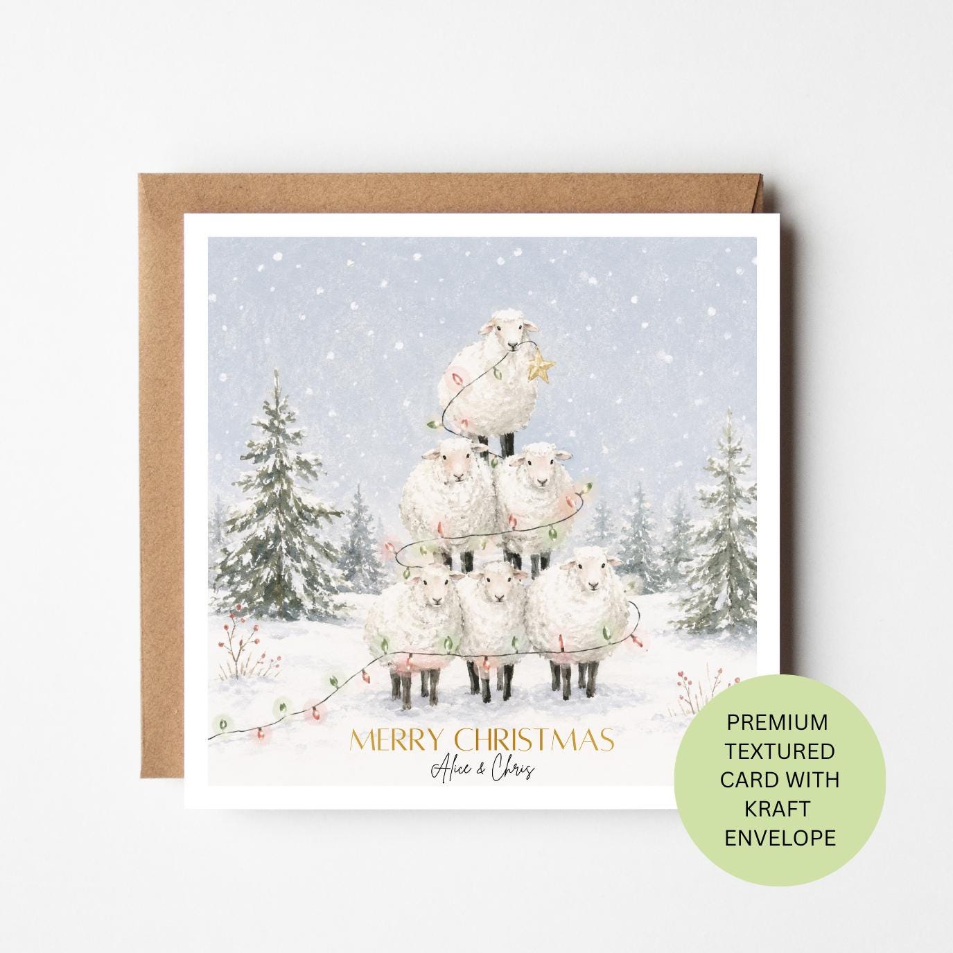 Personalised Christmas Sheep Card, Watercolour Textured Xmas Greeting, Family Couple Card