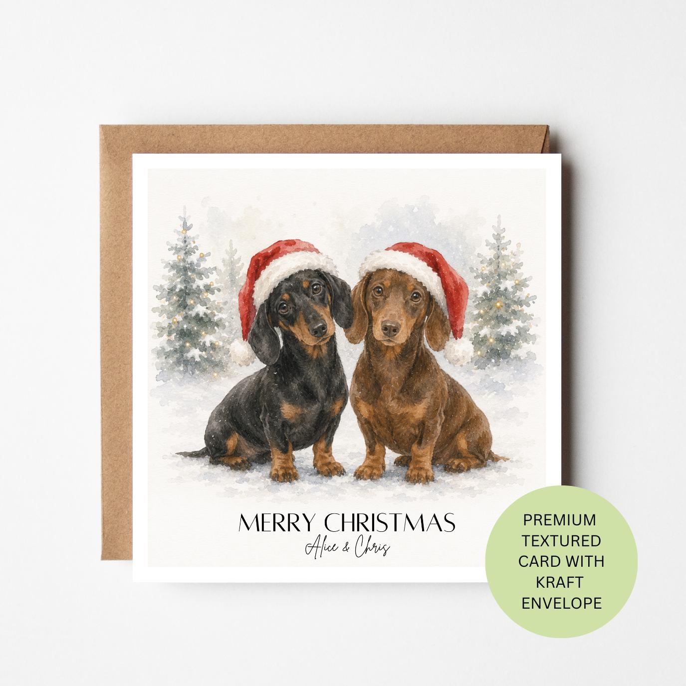 Personalised Dachshund Christmas Card, Watercolour Sausage Dog Xmas Greeting, Custom Couple Family Card