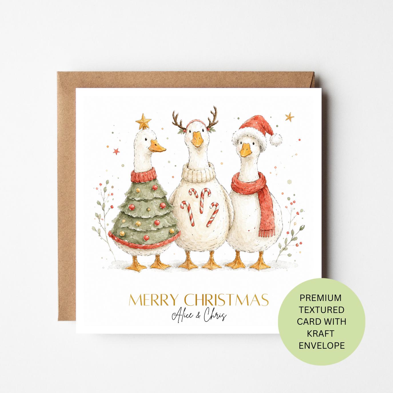 Personalised Watercolour Geese Christmas Card, Festive Couple Family Greeting, Textured Card