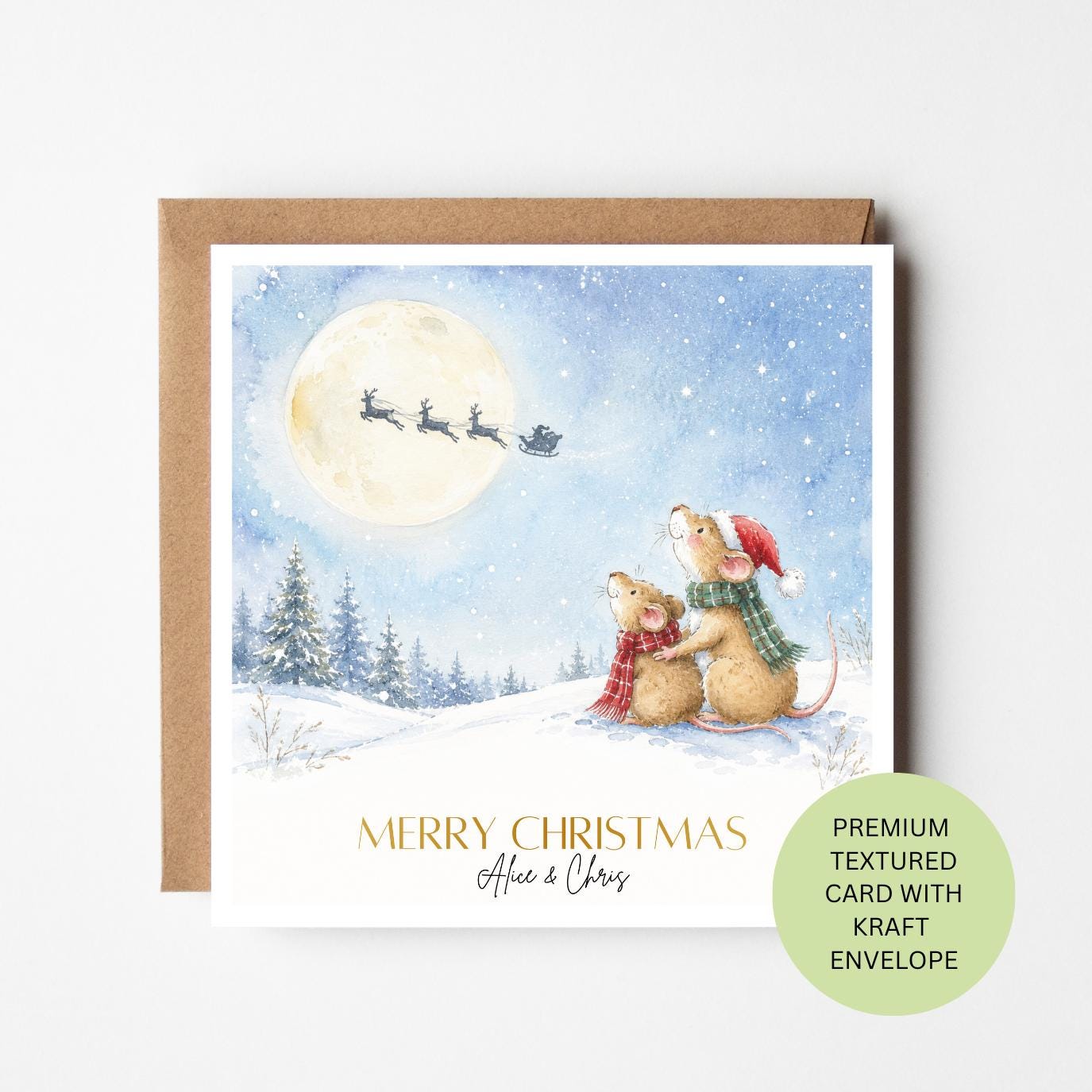 Personalised Watercolour Mice Christmas Card, Custom Family Couple Xmas Greeting (Textured Card)