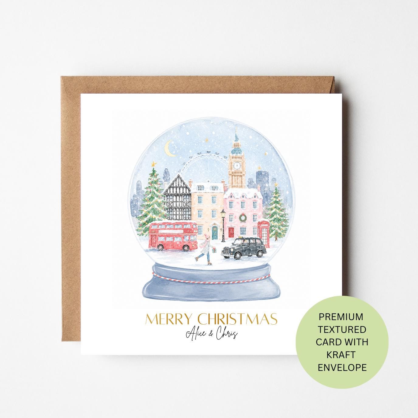 Personalised London Snow Globe Christmas Card, Watercolour Festive Scene, Custom Family Xmas Card