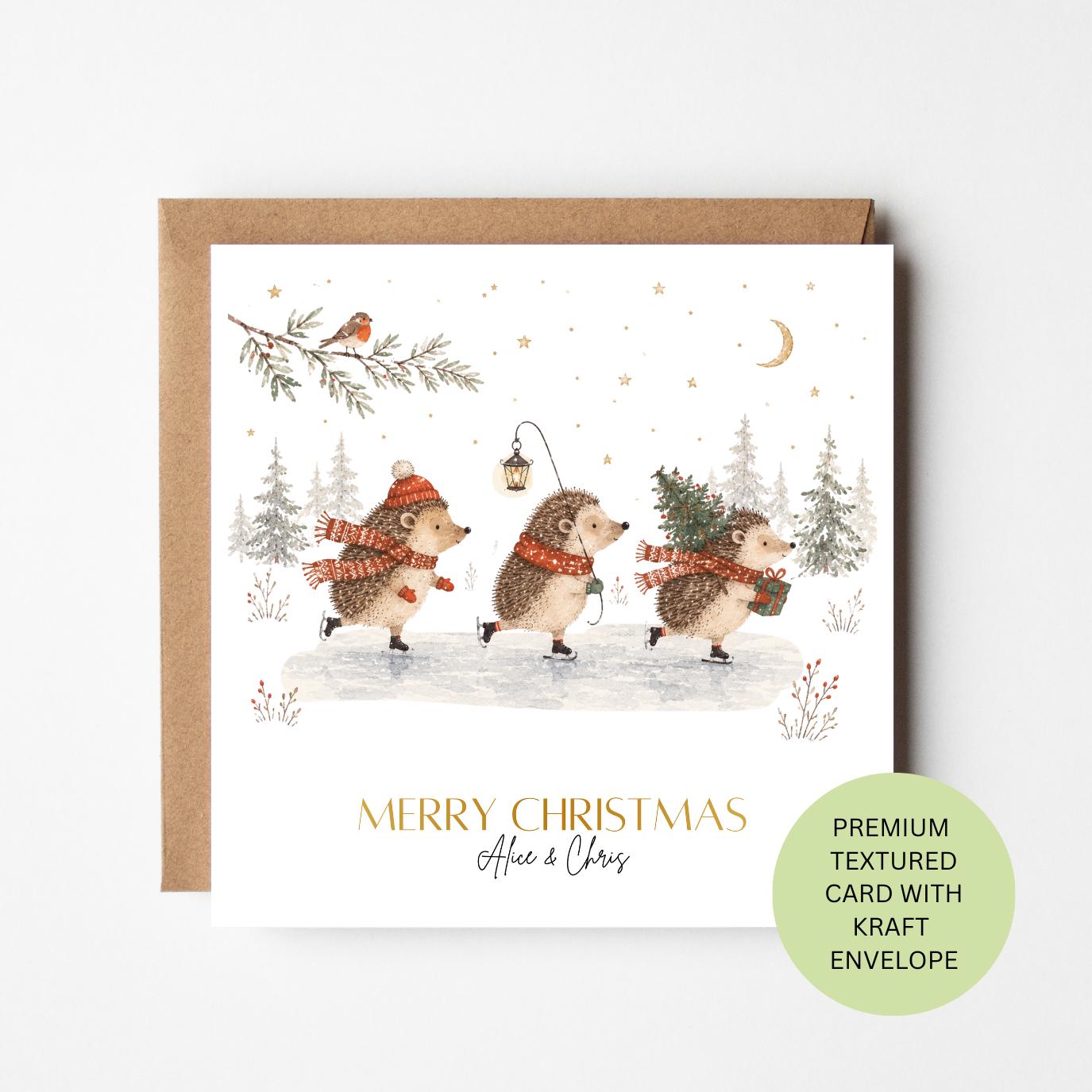 Personalised Ice Skating Hedgehogs Christmas Card, Watercolour Textured Xmas Greeting