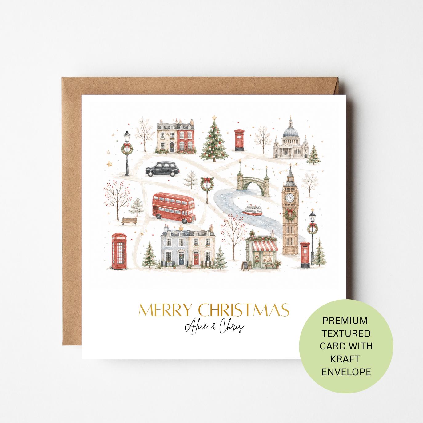Personalised London Landmark Christmas Card, Watercolour Textured Festive Greeting