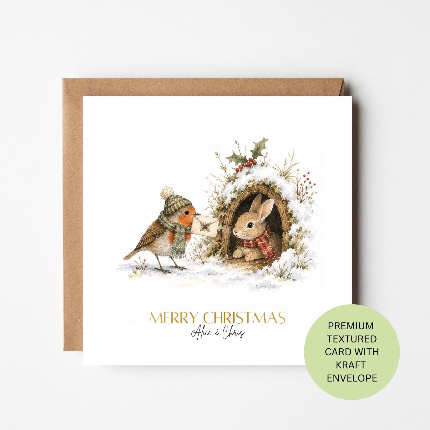 Personalised Robin Delivering Letter Christmas Card, Watercolour Textured Xmas Card (Kraft Envelope)
